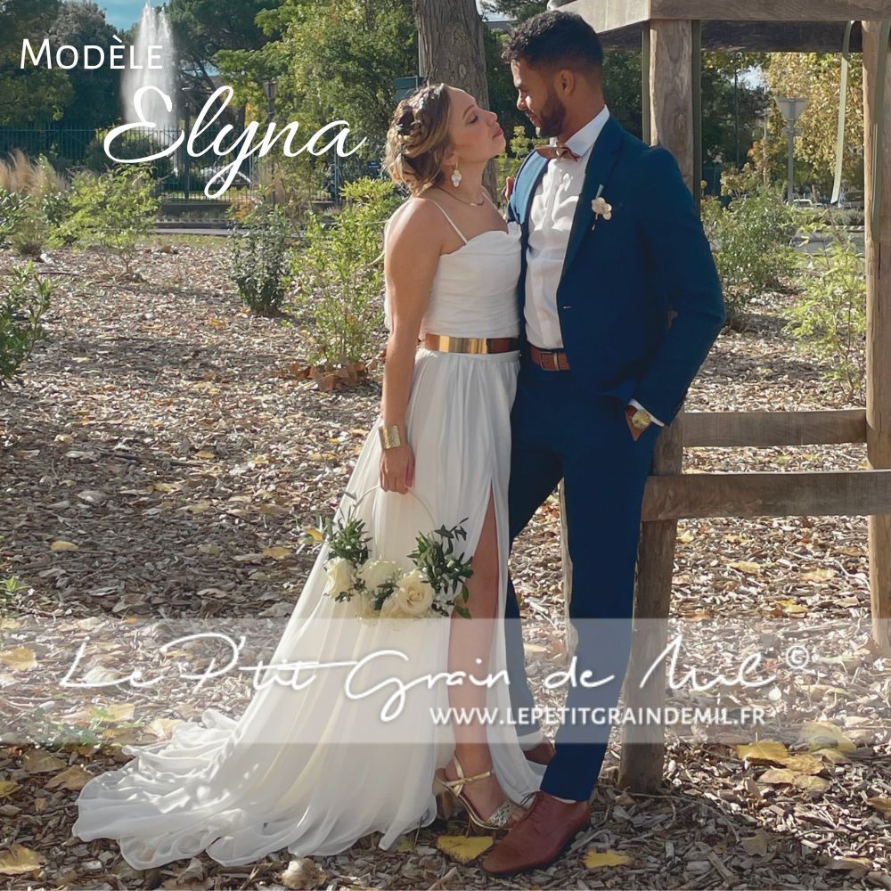 Jupe de mariée fluide avec traîne et fente – Modèle Elyna par Le P’tit Grain de Mil